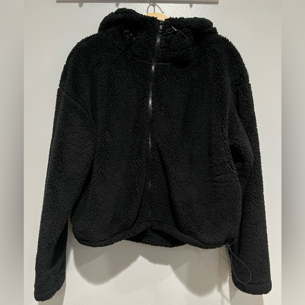 PINK hooded cropped full-zip teddy jacket